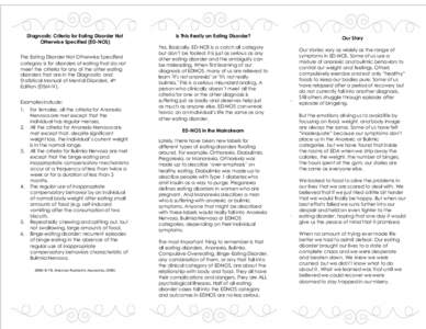 Diagnostic Criteria for Eating Disorder Not Otherwise Specified (ED-NOS) The Eating Disorder Not Otherwise Specified category is for disorders of eating that do not meet the criteria for any of the other eating disorders