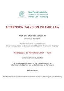 Invitation to the lecture of Shaheen Sardar Ali