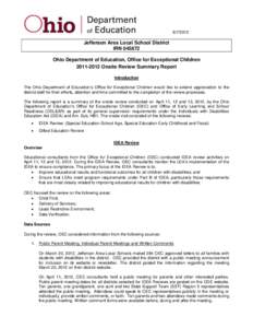 [removed]Jefferson Area Local School District IRN[removed]Ohio Department of Education, Office for Exceptional Children[removed]Onsite Review Summary Report