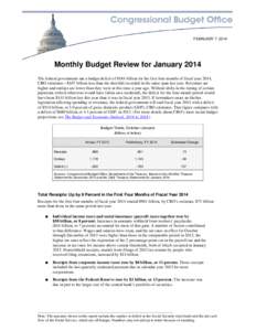 FEBRUARY 7, 2014  Monthly Budget Review for January 2014 The federal government ran a budget deficit of $184 billion for the first four months of fiscal year 2014, CBO estimates—$107 billion less than the shortfall rec