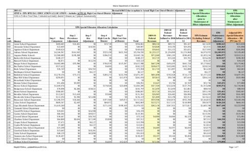 Maine Department of Education[removed]Revised[removed]due to update to Actual High Cost Out-of-District Adjustment STEP 6 - EPS SPECIAL EDUCATION ALLOCATION -- includes ACTUAL High Cost Out-of-District Adjustment Cells 