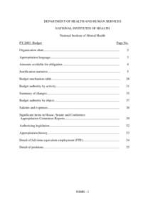 DEPARTMENT OF HEALTH AND HUMAN SERVICES NATIONAL INSTITUTES OF HEALTH National Institute of Mental Health Page No.  FY 2003 Budget