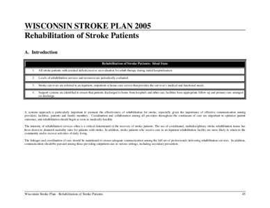 WISCONSIN STROKE PLAN 2005 Rehabilitation of Stroke Patients A. Introduction Rehabilitation of Stroke Patients: Ideal State 1.