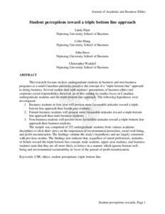 Journal of Academic and Business Ethics  Student perceptions toward a triple bottom line approach Linda Piper Nipissing University School of Business Colin Mang