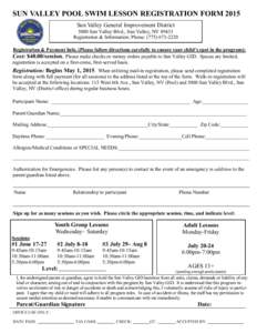 SUN VALLEY POOL SWIM LESSON REGISTRATION FORM 2015 Sun Valley General Improvement District 5000 Sun Valley Blvd., Sun Valley, NVRegistration & Information: Phone: (Registration & Payment Info. (Pleas