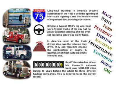 Long-haul trucking in America became established in the 1950’s with the opening of inter-state highways and the establishment of organised fleet trucking operations. Driving a typical 1950’s rig was hard work. Typica