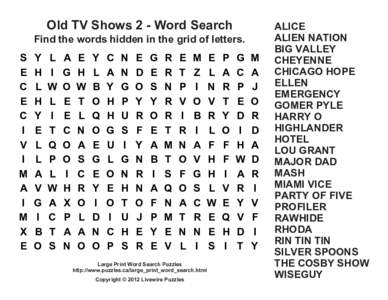 Old TV Shows 2 - Word Search Find the words hidden in the grid of letters. S E C