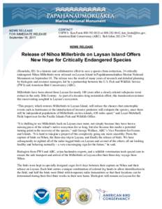 NEWS RELEASE FOR IMMEDIATE RELEASE September 19, 2011 CONTACT USFWS: Ken Foote[removed]or[removed], [removed].