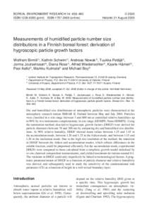 Boreal Environment Research 14: 458–480	 © 2009 ISSNprint)  ISSNonline)	Helsinki 31 August 2009 Measurements of humidified particle number size distributions in a Finnish boreal forest: deriv