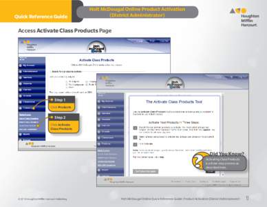 Quick Reference Guide  Holt McDougal Online Product Activation (District Administrator)  Access Activate Class Products Page