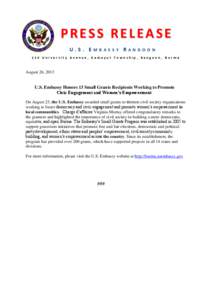 PRESS RELEASE U.S. EMBASSY RANGOON 110 University Avenue, Kamayut Township, Rangoon, Burma August 26, 2013