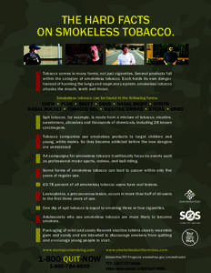 The hard facts on smokeless tobacco. Tobacco comes in many forms, not just cigarettes. Several products fall within the category of smokeless tobacco. Each holds its own danger. Instead of harming the lungs and respirato