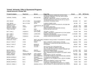 Cornell University, Office of Sponsored Programs Awards Received in October 2007 Principal Investigator Department