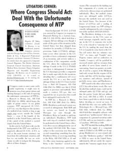LITIGATORS CORNER:  Where Congress Should Act: Deal With the Unfortunate Consequence of NTP BY JOSEPH N. HOSTENY,
