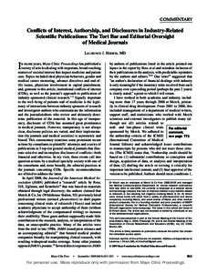 COMMENTARY  COI, Authorship, and Disclosures in Industry-Related Publications Conflicts of Interest, Authorship, and Disclosures in Industry-Related Scientific Publications: The Tort Bar and Editorial Oversight