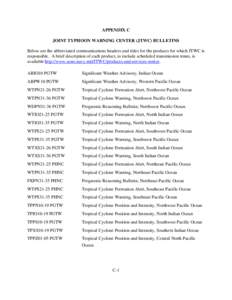 APPENDIX C JOINT TYPHOON WARNING CENTER (JTWC) BULLETINS Below are the abbreviated communications headers and titles for the products for which JTWC is responsible. A brief description of each product, to include schedul