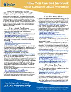 How You Can Get Involved:  Youth Substance Abuse Prevention Substance abuse often starts early. In Kern County, survey results show 18% of 7th graders, 32% of 9th graders & 39% of 11th graders report using alcohol & othe