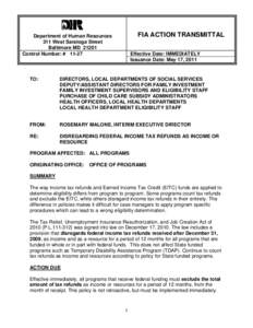 FIA ACTION TRANSMITTAL  Department of Human Resources 311 West Saratoga Street Baltimore MD[removed]Control Number: # 11-27