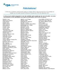 Félicitations! L’Ordre des comptables professionnels agréés du Québec félicite chaleureusement les 412 candidats du Québec qui ont réussi l’examen d’Exercice Professionnel (PA1) de décembre[removed]La liste q