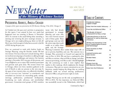 Newsletter  Vol. 44, No. 2 Aprilof the History of Science Society