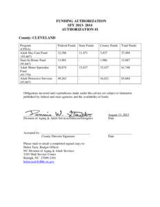 FUNDING AUTHORIZATION SFY[removed]AUTHORIZATION #1 County: CLEVELAND Program (CFDA)