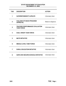 STATE DEPARTMENT OF EDUCATION DECEMBER 4-5, 2008 TAB  DESCRIPTION