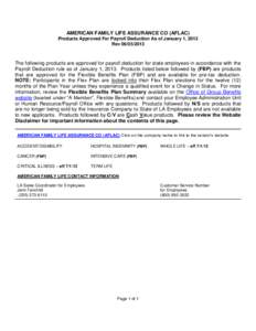 AMERICAN FAMILY LIFE ASSURANCE CO (AFLAC) Products Approved For Payroll Deduction As of January 1, 2013 Rev[removed]The following products are approved for payroll deduction for state employees in accordance with the 