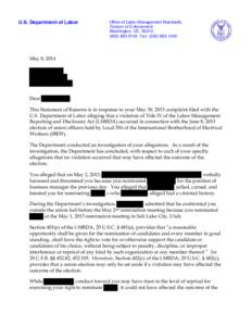 U.S. Department of Labor  Office of Labor-Management Standards Division of Enforcement Washington, DC[removed]0143 Fax: ([removed]