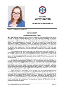 Speech By  Verity Barton MEMBER FOR BROADWATER  Record of Proceedings, 27 August 2014