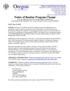 Oregon John A. Kitzhaber, MD, Governor Oregon Coastal Management Program Department of Land Conservation and Development 635 Capitol Street, Suite 150