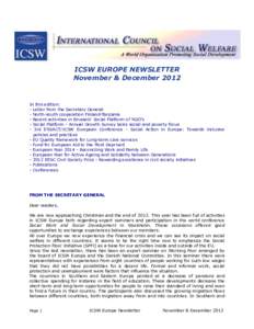 ICSW EUROPE NEWSLETTER November & December 2012 In this edition: - Letter from the Secretary General - North-south cooperation Finland-Tanzania