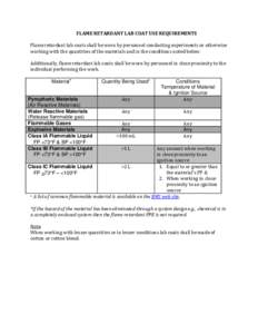 FLAME RETARDANT LAB COAT USE REQUIREMENTS Flame retardant lab coats shall be worn by personnel conducting experiments or otherwise working with the quantities of the materials and in the conditions noted below. Additiona