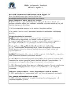 Alaska Mathematics Standards Grade 9- Algebra I Standards for Mathematical Content Grade 9- Algebra I** Note: Underlined standards appear in more than one topic. Relationships between quantities and reasoning with equati