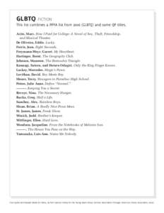 GLBTQ Fiction This list combines a PPYA list from[removed]GLBTQ) and some QP titles. Acito, Marc. How I Paid for College: A Novel of Sex, Theft, Friendship, and Musical Theater. De Oliveira, Eddie. Lucky. Ferris, Jean. Eig