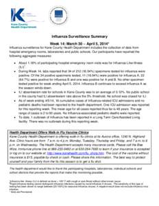 Influenza Surveillance Summary Week 14: March 30 – April 5, 2014* Influenza surveillance for Kane County Health Department includes the collection of data from hospital emergency rooms, laboratories and public schools.