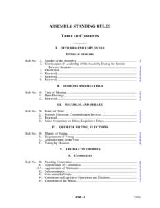 ASSEMBLY STANDING RULES TABLE OF CONTENTS __________ I.