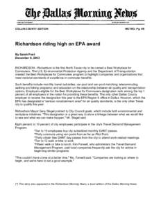COLLIN COUNTY EDITION  METRO; Pg. 4B Richardson riding high on EPA award By Sarah Post