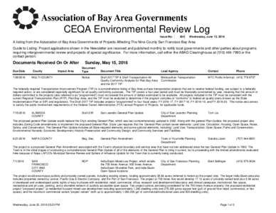 CEQA Environmental Review Log Issue No: 404  Wednesday, June 15, 2016