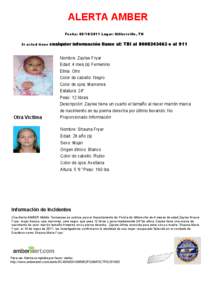 ALERTA AMBER Fecha: [removed]Lugar: Millersville, TN Si usted tiene cualquier información llame al: TBI al[removed]o al 911 Nombre: Zaylee Fryar