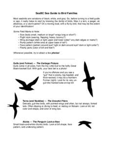 SeaBC Sea Guide to Bird Families Most seabirds are variations of black, white, and gray. So, before turning to a field guide or app, it really helps to start by knowing the family of birds. Was it a tern, a jaeger, an al