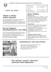 ANTIQUE AIRPLANE ASSOCIATION OF SWITZERLAND  INFO Juli 2004 AAA Sekretariat Flugplatz Speck