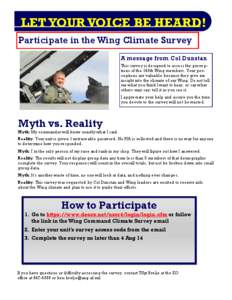 LET YOUR VOICE BE HEARD! Participate in the Wing Climate Survey A message from Col Dunstan This survey is designed to assess the perceptions of the 140th Wing members. Your perceptions are valuable because they give me i