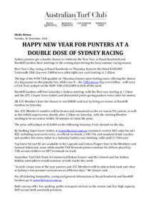 Media Release Tuesday, 30 December, 2014 HAPPY NEW YEAR FOR PUNTERS AT A DOUBLE DOSE OF SYDNEY RACING Sydney punters get a double chance to celebrate the New Year as Royal Randwick and