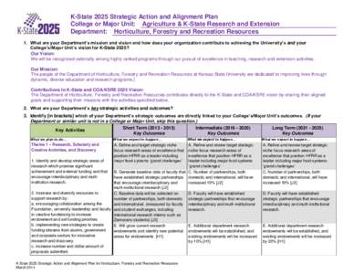 K-State 2025 Strategic Action and Alignment Plan College or Major Unit: Agriculture & K-State Research and Extension Department: Horticulture, Forestry and Recreation Resources 1. What are your Department’s mission and
