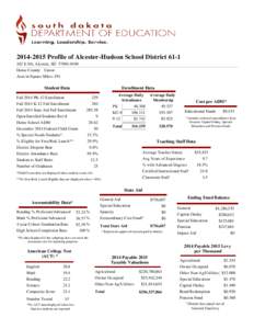 Profile of Alcester-Hudson School DistrictE 5th, Alcester, SDHome County: Union Area in Square Miles: 194  Student Data