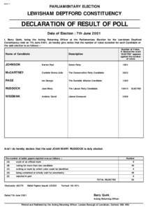 Depford election results 2001