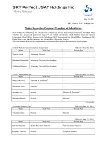 News Release May 31, 2011 SKY Perfect JSAT Holdings Inc. Notice Regarding Personnel Transfers at Subsidiaries SKY Perfect JSAT Holdings Inc. (Head Office: Minato-ku, Tokyo; Representative Director, President: Shinji