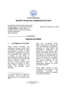 STATE OF NEVADA  BEFORE THE NEVADA COMMISSION ON ETHICS In the Matter of the First-Party Request for Advisory Opinion Concerning the Conduct of Public Officer, Trustee, Board of