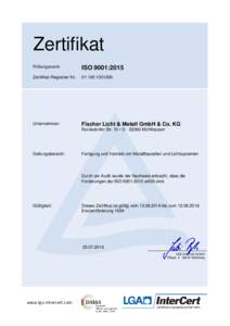 Zertifikat Prüfungsnorm ISO 9001:2015  Zertifikat-Registrier-Nr.