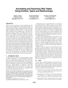 Annotating and Searching Web Tables Using Entities, Types and Relationships Girija Limaye Sunita Sarawagi